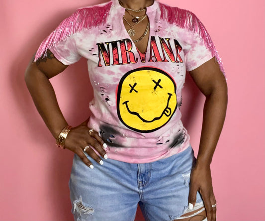 Pink Nirvana Graphic Tee With Pink Sequin Fringe