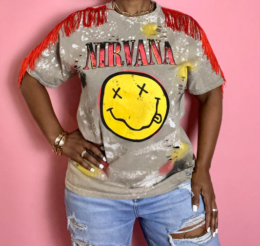 Tan Nirvana Graphic Tee With Red Fringe
